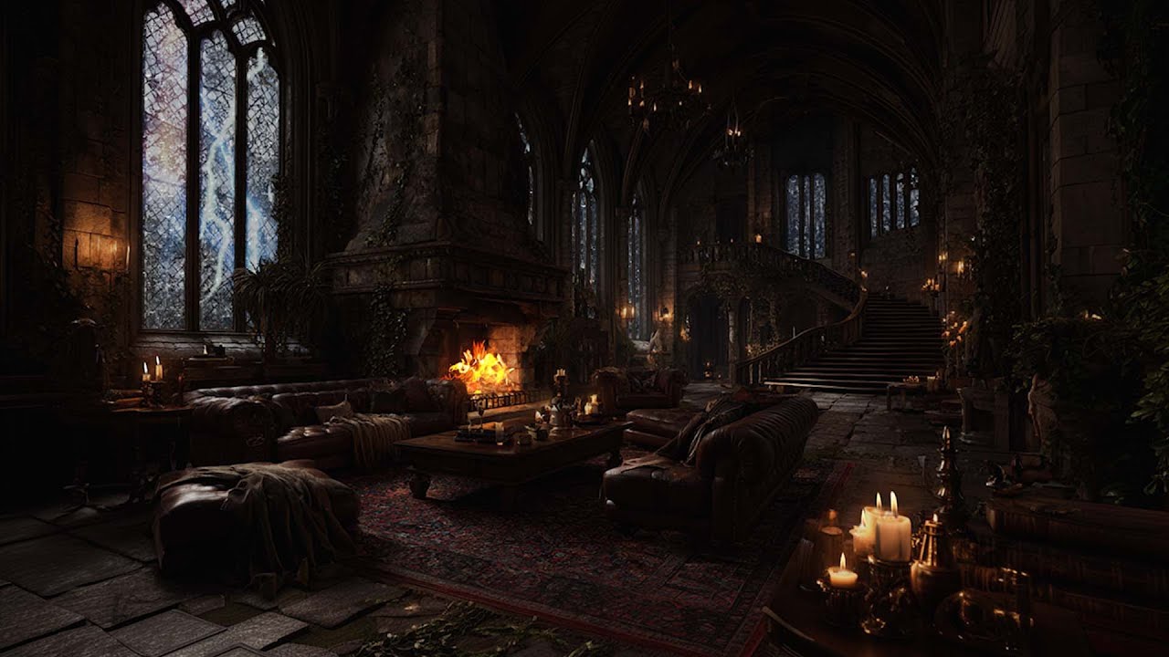 Historic Castle Ambience – Rain and Thunderstorm with Cozy Fireplace & Candlelight for Sleep
