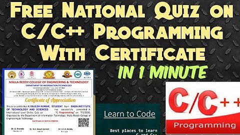 Free National Level Quiz on C programming with certificate in 1 Minute|html|free quiz|c|c++|java|