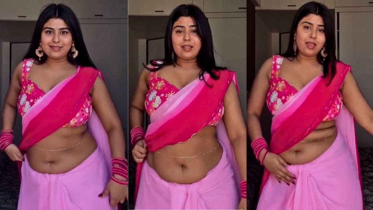 Art of Low Hip Saree Draping Style Pink Chiffon Saree With Pink Floral Embroidery Sleeveless Blouse