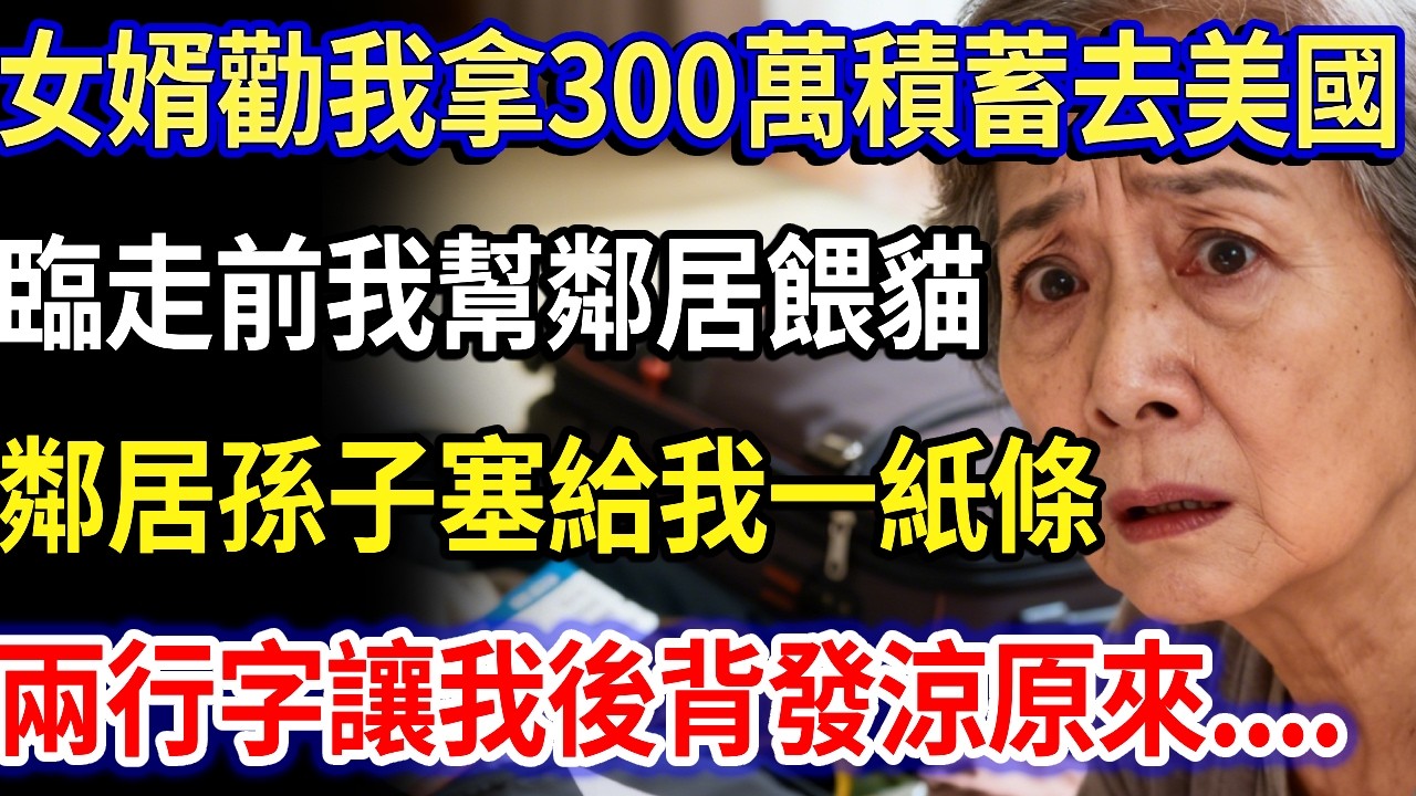 我63歲，女婿勸我拿300萬積蓄去美國定居，臨走前我幫鄰居餵貓，鄰居孫子悄悄塞給我一紙條，上面兩行字讓我後背發涼，連夜取消了機票！#家庭故事 #感人故事 #家庭倫理 #感人故事 #真實生活