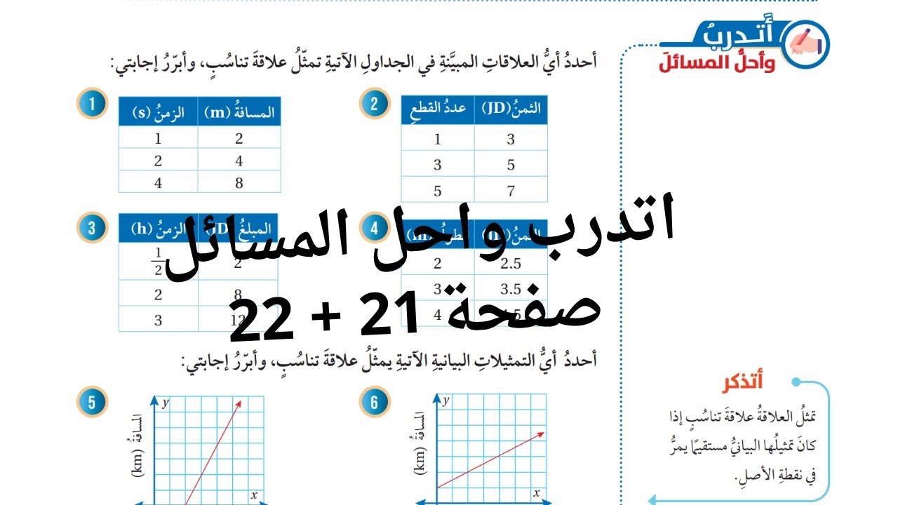 (8) حل اسئلة الدرس الثالث العلاقات التناسبية  صفحة 21 + 22 الصف السابع