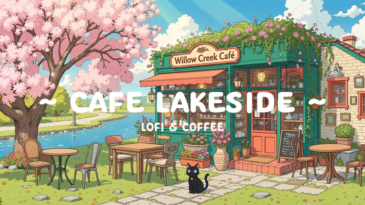 Spring Cafe Outside Spring Cafe Lakeside 🌷 Outdoor Peaceful Cafe on a Slow Day 🍃 Lofi Music ...