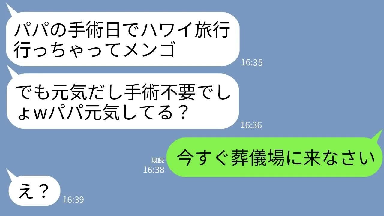 【LINE】義父の手術費用を勝手に持ち出して2週間のハワイ旅行に出かけた義姉「元気だし手術いらないっしょw」→帰ってきた義姉が衝撃の事実を知った反応が…