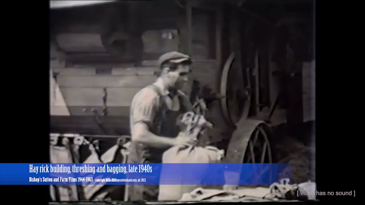 Hay rick building, threshing and bagging, late 1940s