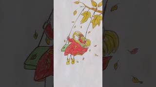 رسم سهل لفتاة على الأرجوحة مع أوراق الخريف رسم فن sanat çizim تعليم_الرسم رسم_سهل فصل_الخريف