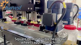 Fully automatic double head four wheel capping machine for square plastic bottle, four roller capper