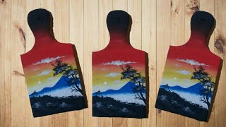 Lukisan sunrise bukit sikunir Dieng dengan media talenan kayu | DIY Home decor