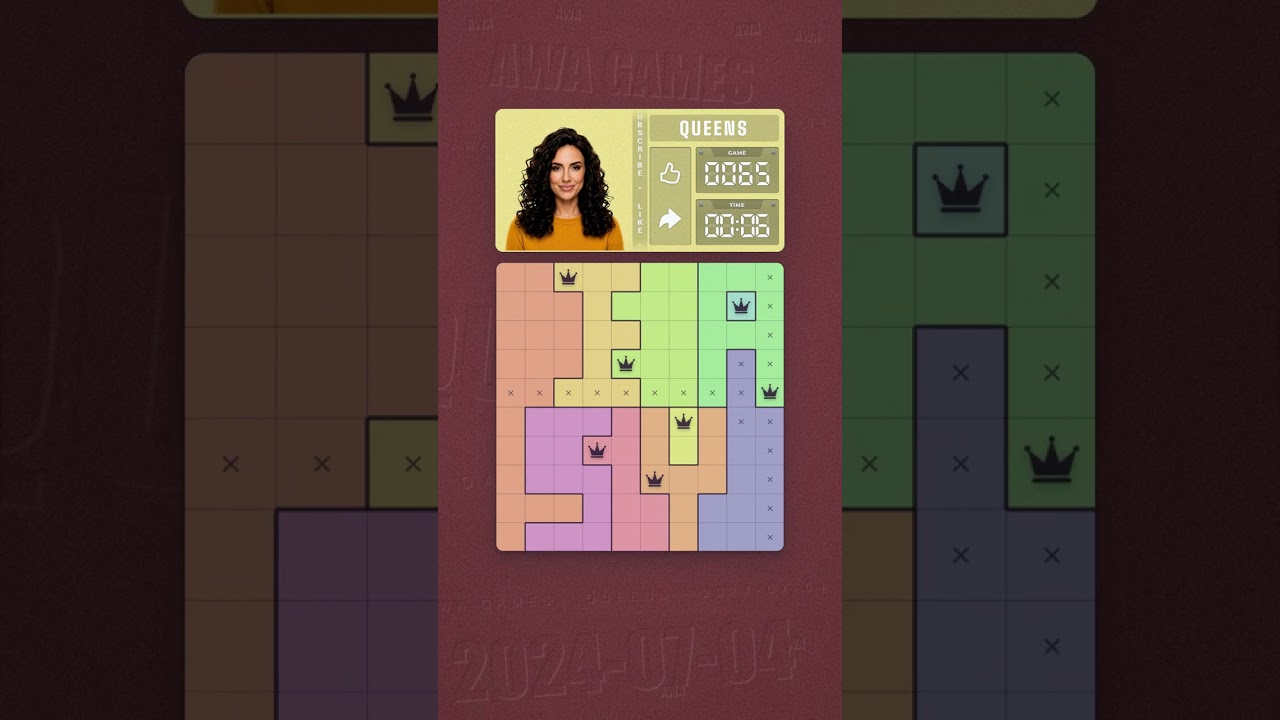 LinkedIn Queens #65 solved board for July 4, 2024, 10x10 grid
