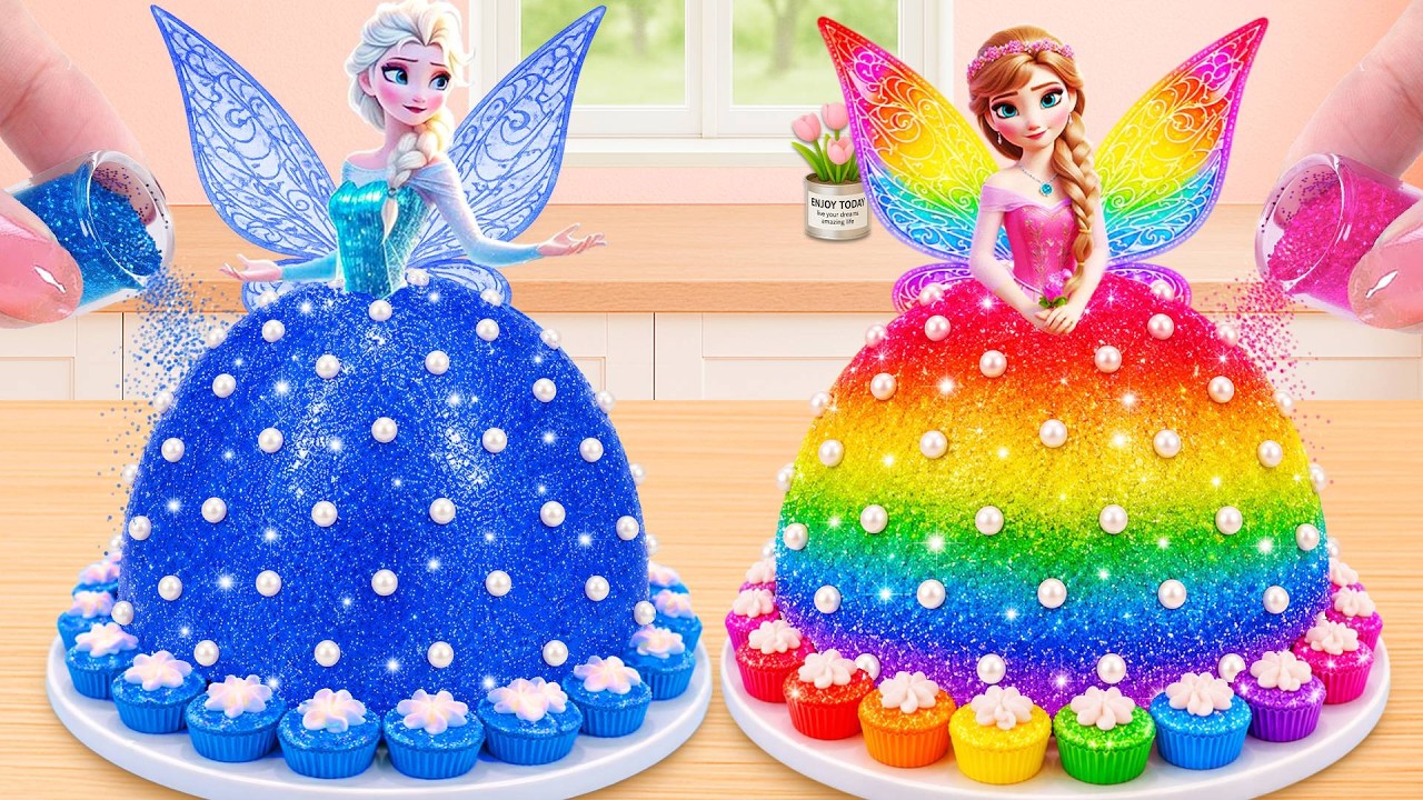 Glitter Princess Dress Cake Challenge 💙🌈 Blue vs Rainbow Satisfying ASMR Battle | Lily Little Cake