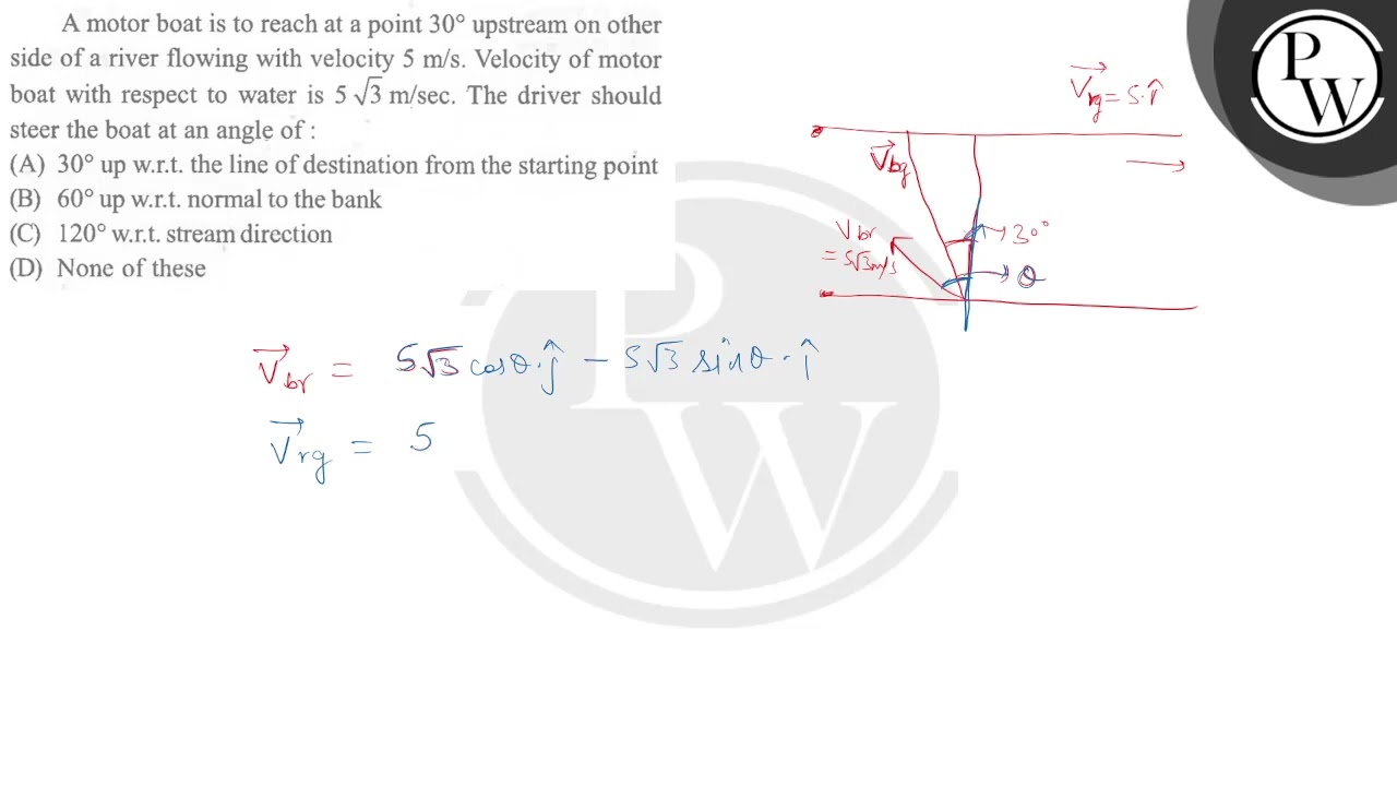 A motor boat is to reach at a point \( 30^{\circ} \) upstream on other side of a river flowing w...