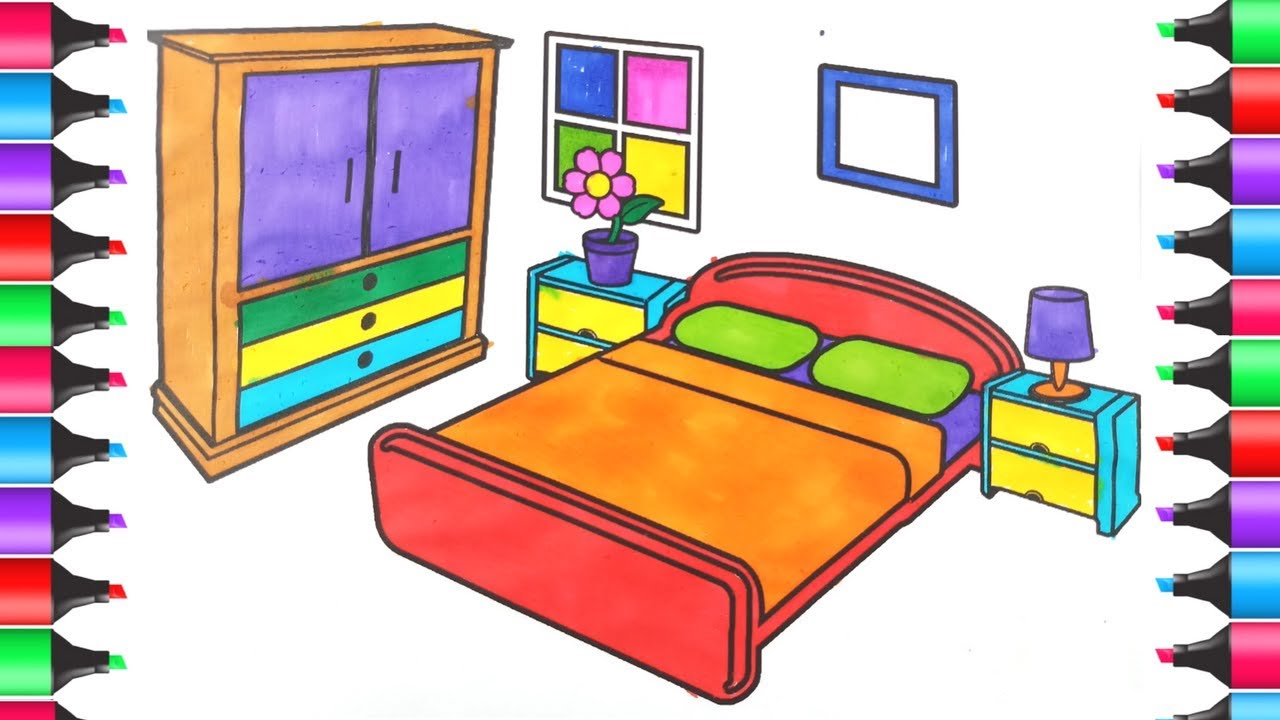 How to Draw Bedroom Step by Step for Kids Learn Colors for Kids Bedroom Coloring Pages - YouTube