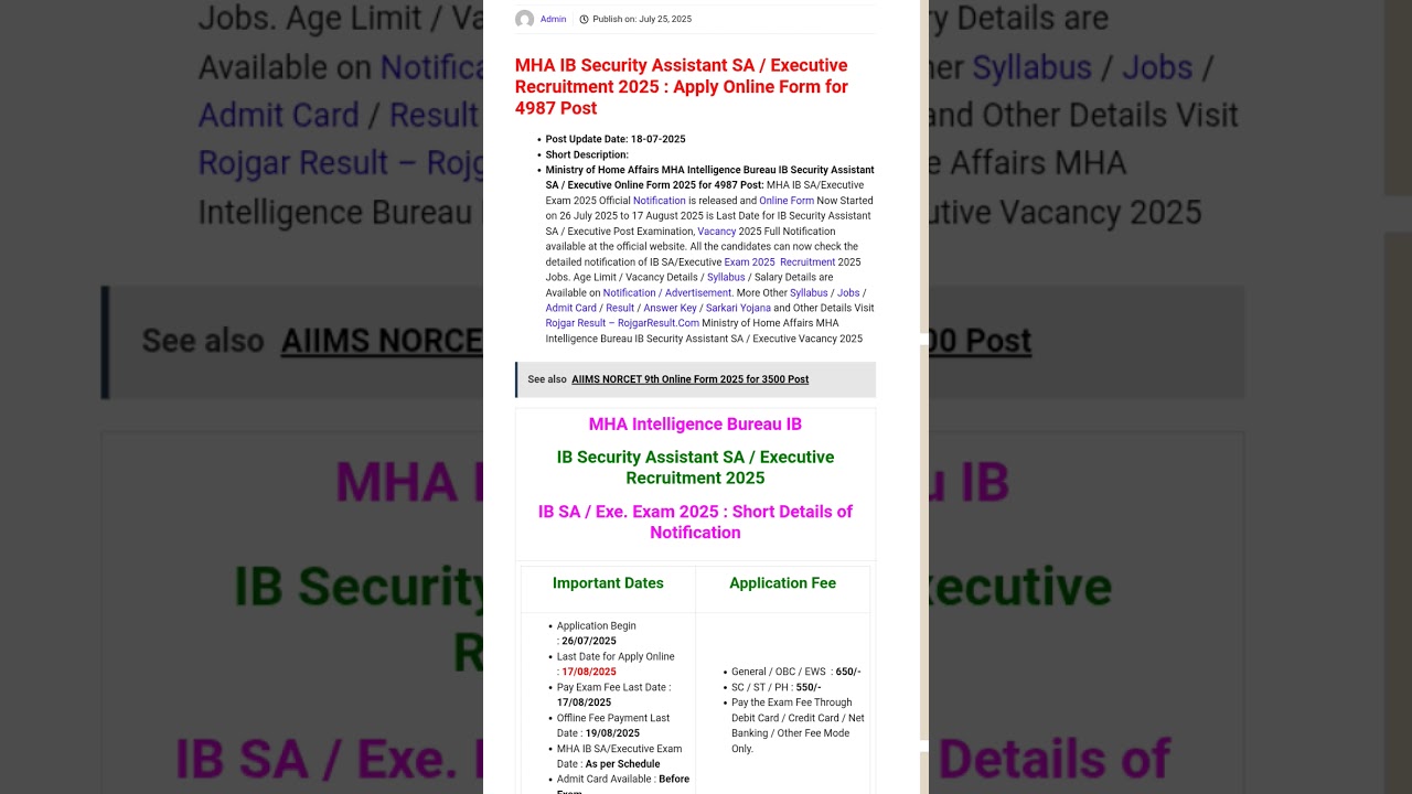 MHA IB s Security assistant recruitment 2025