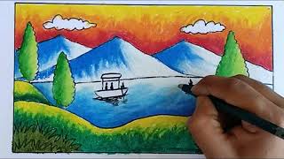 How to draw lake scenery | How to draw easy scenery with oil pastel step by step