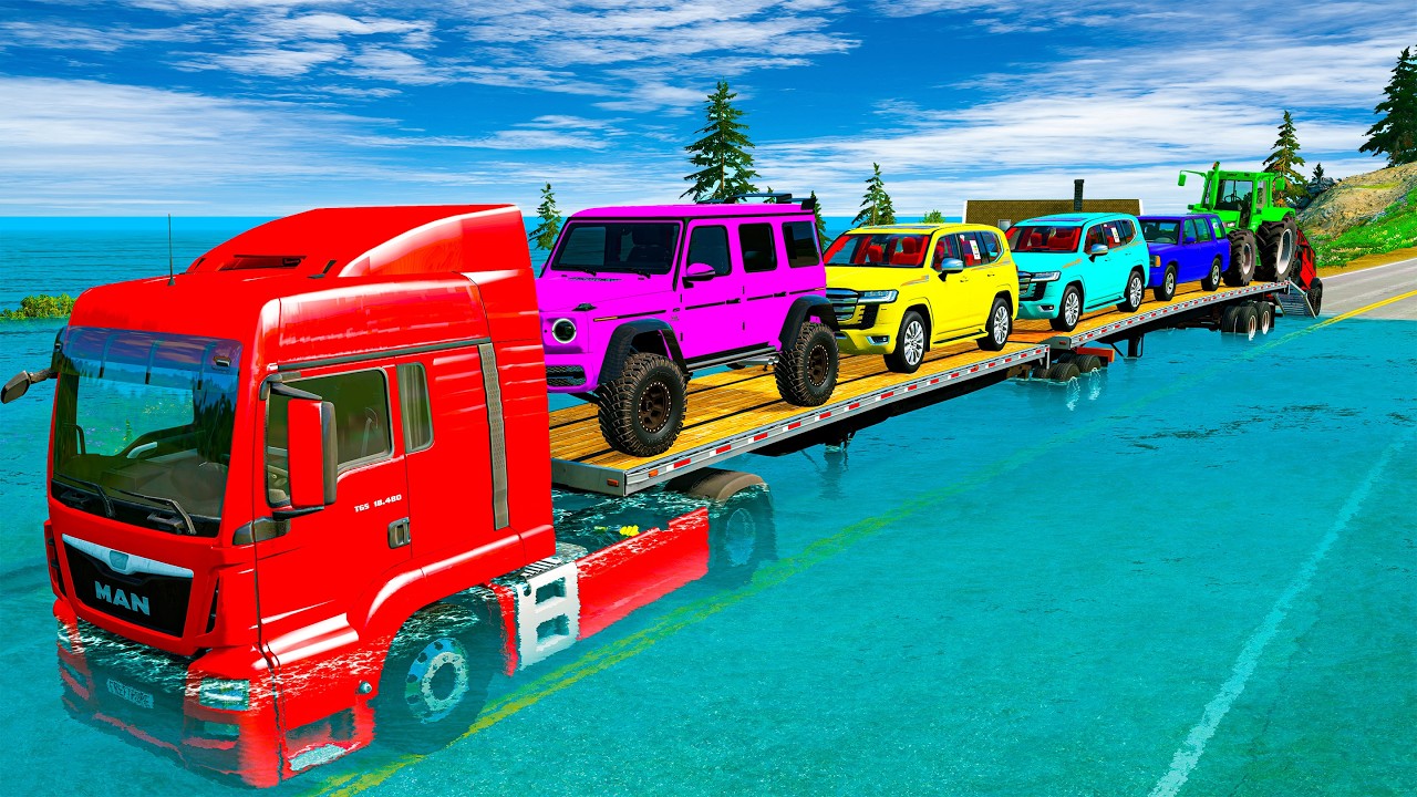 Five Flatbed Trailer McQueen Transportation with Truck - Speedbumps vs Cars vs Train - BeamNG #2