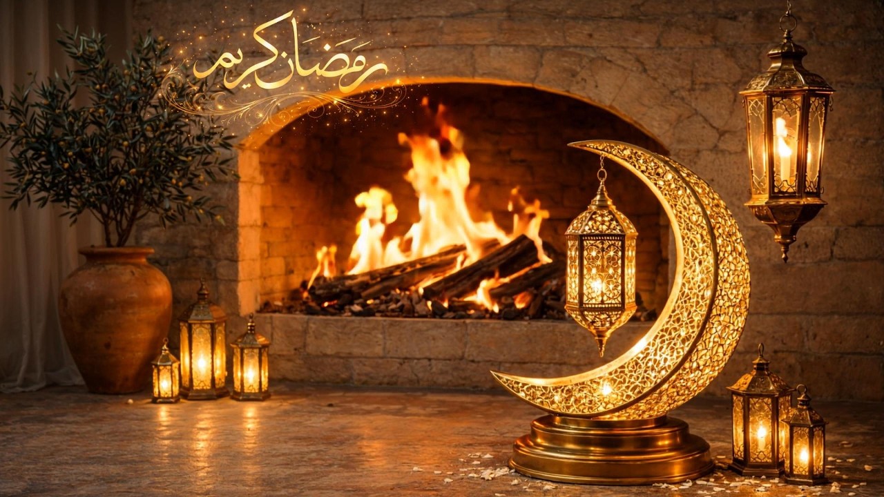 Ramadan Screensaver 🌙 رمضان كريم | Tv art Ramadan Fireplace | Golden Crescent خلفية رمضان الدافئة