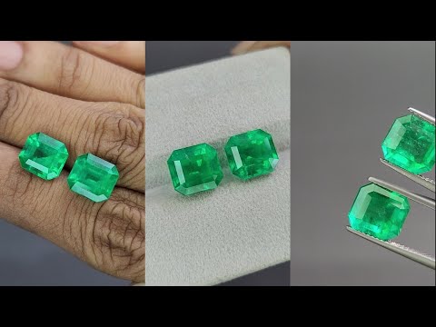 Une paire émeraudes Vivid Green Muzo Green 7,08 carats, de taille octogonale, de Colombie.  Video  № 1