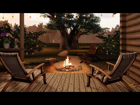 Cozy Porch in Evening with Campfire Sounds and Soothing Birdsong | 8 Relaxing hours | Sleep & Study