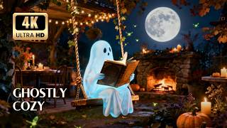 Cozy Halloween Ghost Reading by Fireplace — Relaxing Garden Ambience (4K, 2 Hours) screenshot 2
