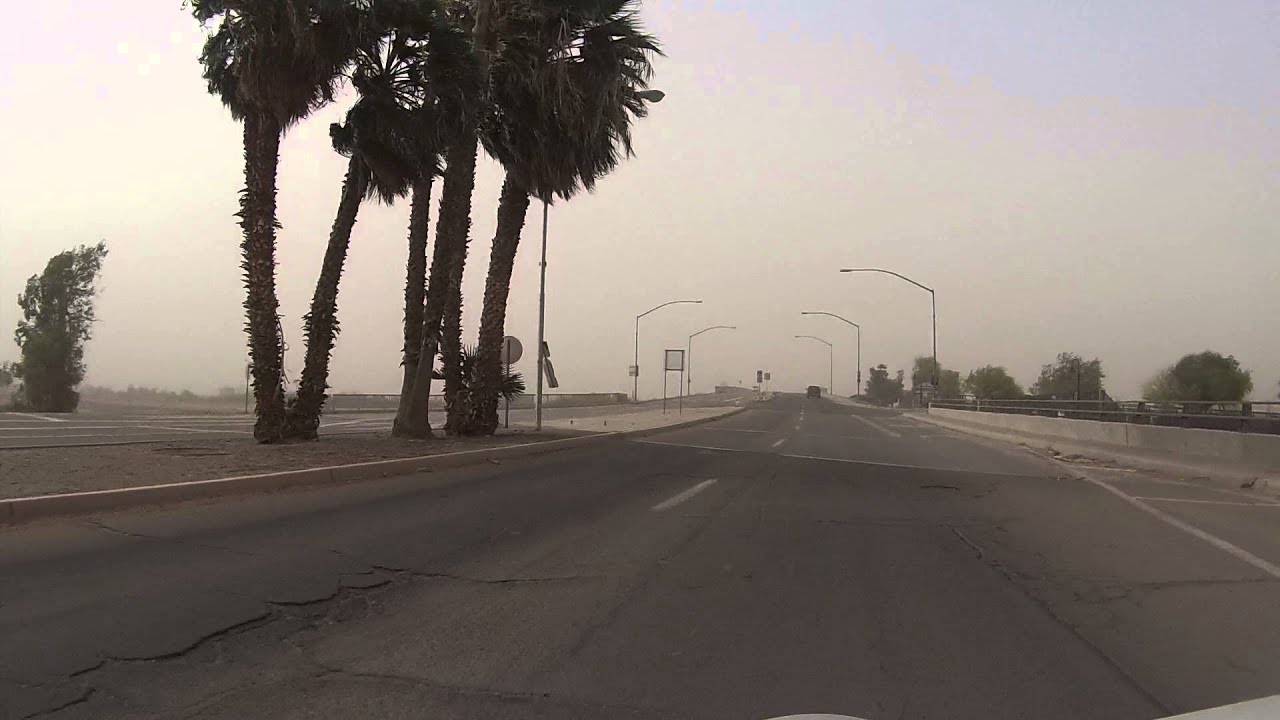 8 April 2013 Downtown Dust Storm, Yuma, Arizona drive across Colorado River in I-8 Freeway