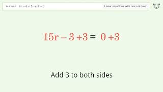 Linear equation with one unknown: Solve 8r-6+7r+3=0 step-by-step solution