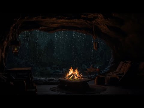 Hiding From Rain And Thunderstorm In Cave Fireplace Sounds For 12 Hours,Sleep, Study, Relax