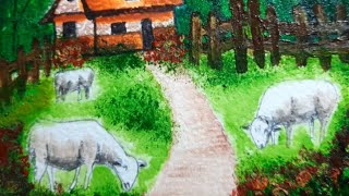Farmhouse Drawing / Countryside Drawing / Sheep grazing Drawing