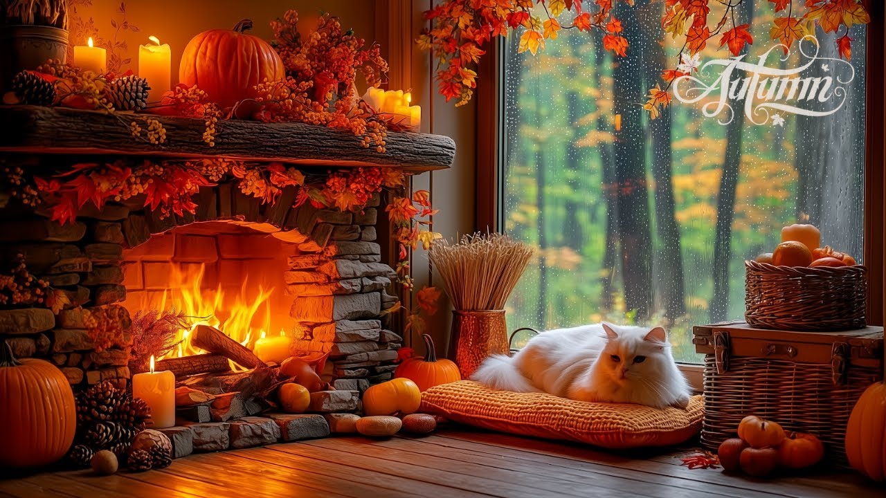 Cozy November Fireplace 🍂 Relaxing Jazz Piano, Rain and Peaceful Autumn Fireplace to Calm & Relax
