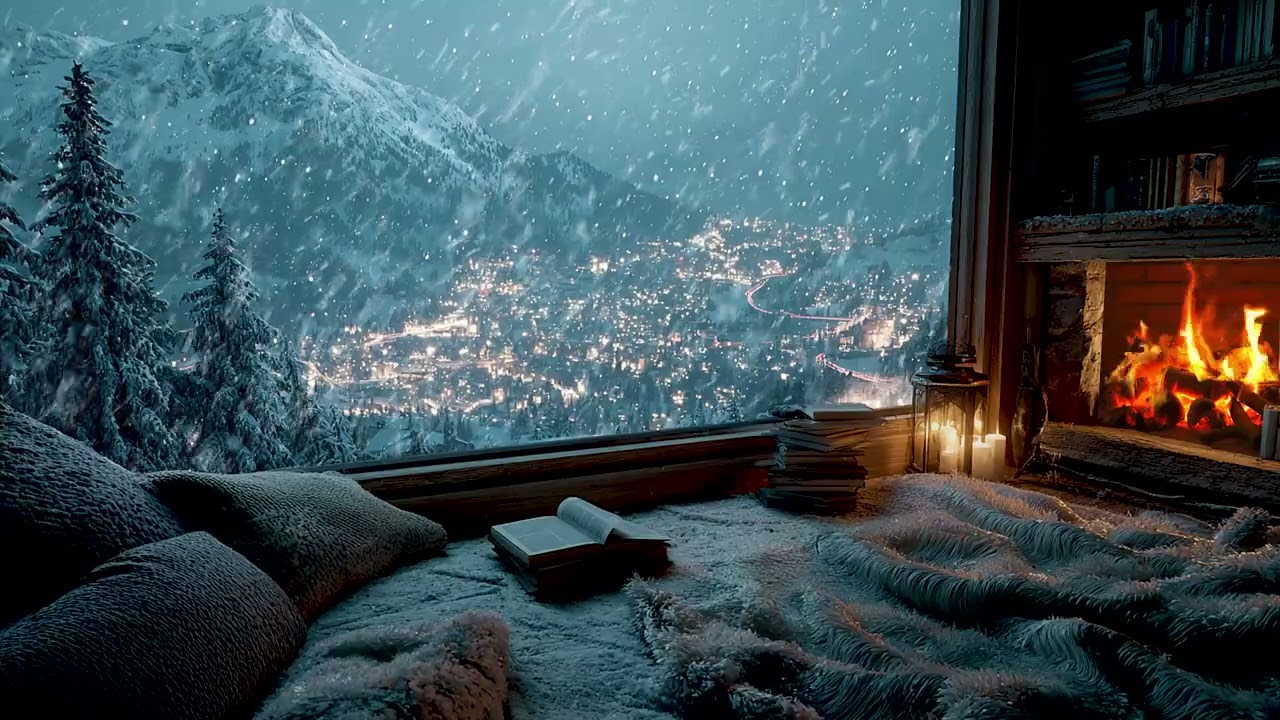 Winter Cabin Ambience 🔥❄️ Soothing Fireplace Melodies & Snowstorm Sounds for Calm Sleep