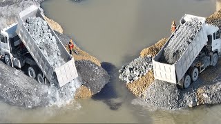 OMG !!Best Shantui Bulldozer Filling Lake With 25T Dump Truck Loading Stones To Compact The Lake