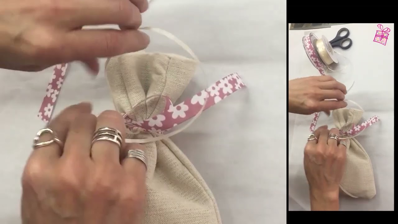 Εύκολος φιόγκος σε λινό πουγκί για μπομπονιέρα βάπτισης