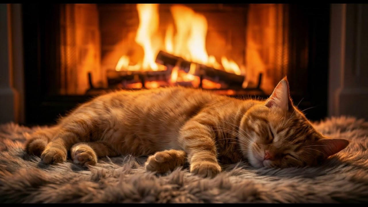 24/7 Fireplace Crackling Sounds 🔥 with Sleeping Cat Visual | Cozy Winter Ambience