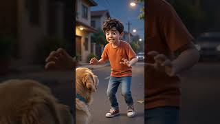 A smart boy gives food to a dog