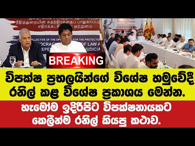 විපක්ෂ ප්‍රභලයින්ගේ හමුවේදී රනිල් කළ විශේෂ ප්‍රකාශය.හැමෝම ඉදිරිපිට සජිත්ට කෙලීන්ම රනිල් කියපු කථාව.
