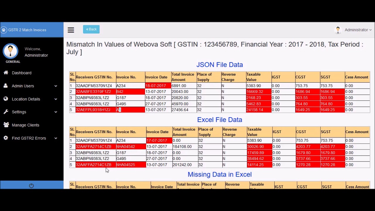 Tax Solutions Software -  Find GSTR2 Invoice mismatch using Excel Output from Tally