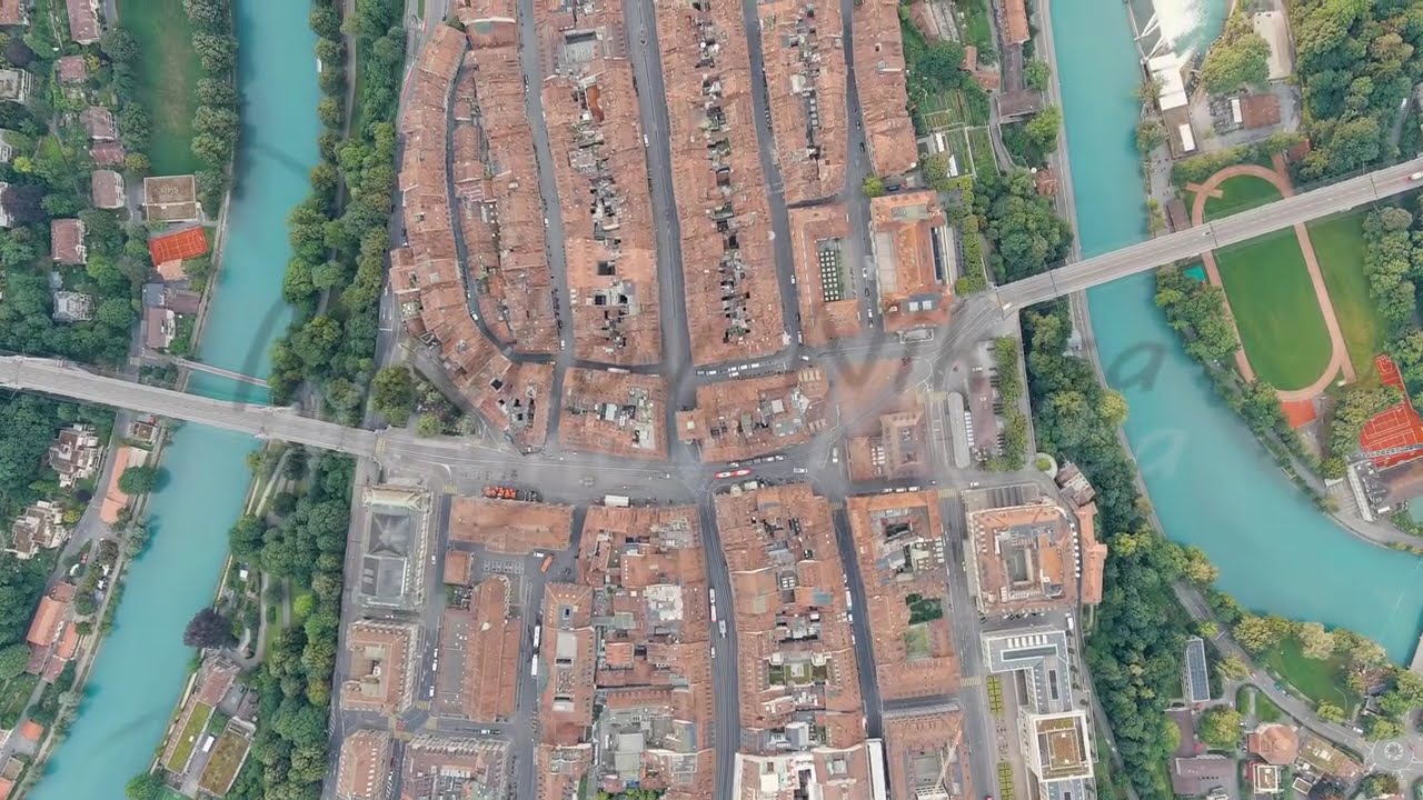 Bern, Switzerland. Historic street Kramgasse. Panorama of the city with a view of the historical ...