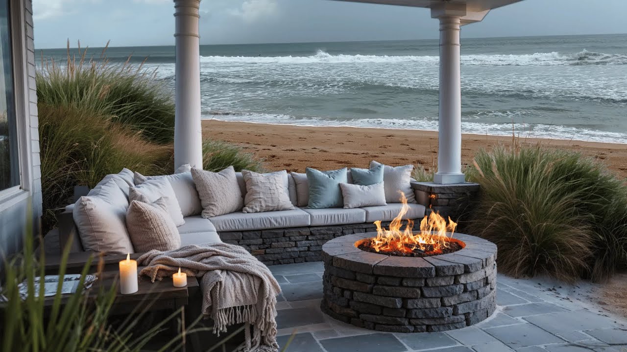 Cozy Coastal Porch Ambience 🐚 Crashing Waves Sounds | 4+ Hrs of Relaxing Outdoor Fire by the Ocean