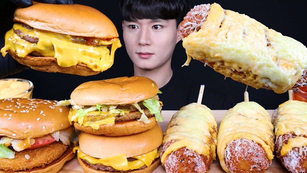 불고기버거 치즈버거 핫도그 먹방ASMR MUKBANG DOUBLE CHEESEBURGERS & CHEESY CORN DOGS チーズバーガー アメリカンドッグ eating sounds