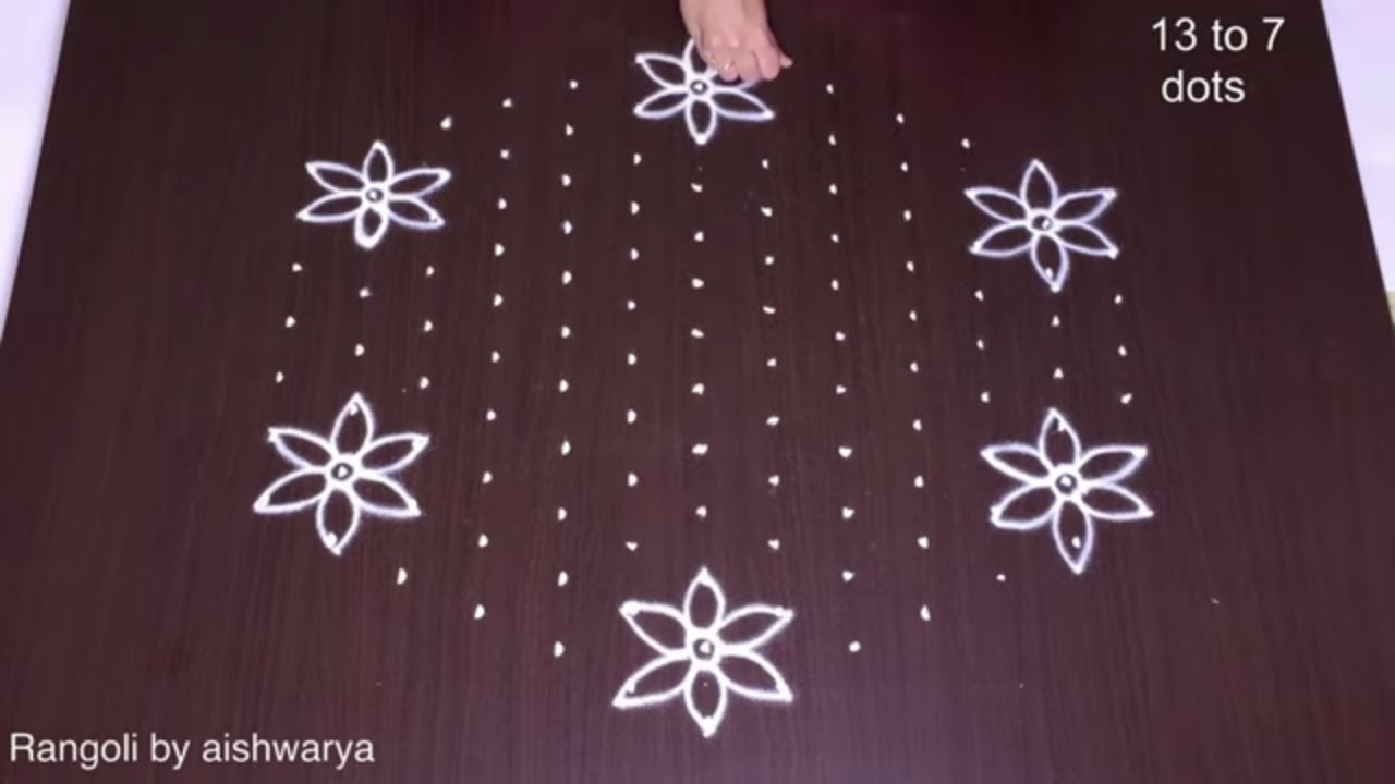 Pleasant dotted very easy hand rangoli designs for home | New model flower kolam with 13-7 Muggulu