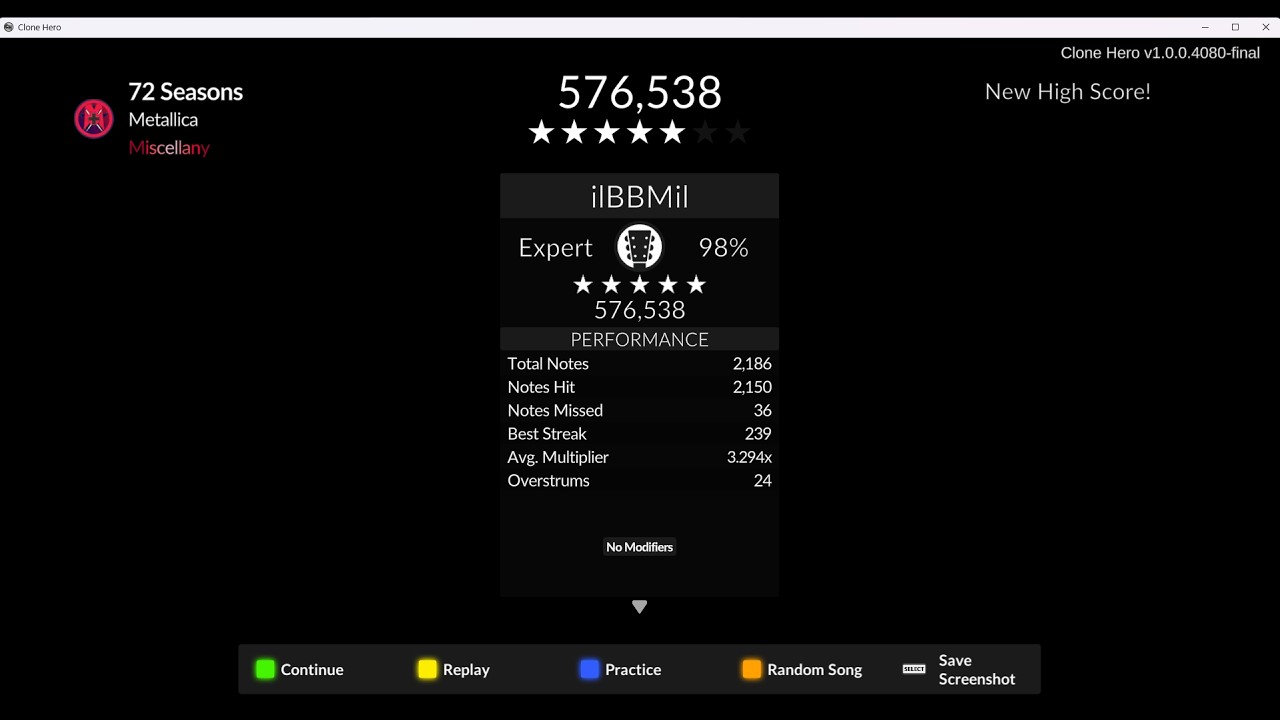 72 Seasons - Metallica 98% (576,538) | Clone Hero