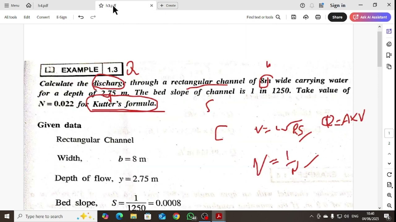 CE3401 Applied Hydraulic Engineering Unit 1 Problem 3  Chezy's and Manning's formula 