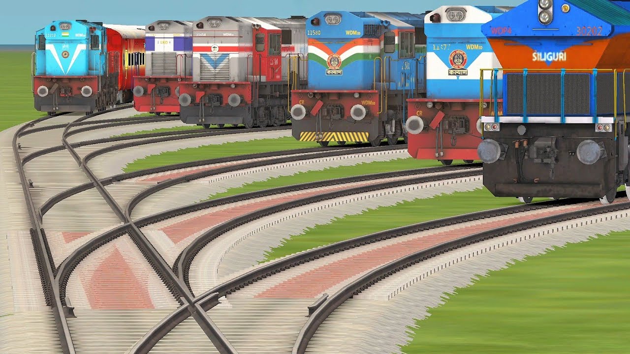 6 trains crossing bumpy railroad tracks,branched forked bumpy tracks ...