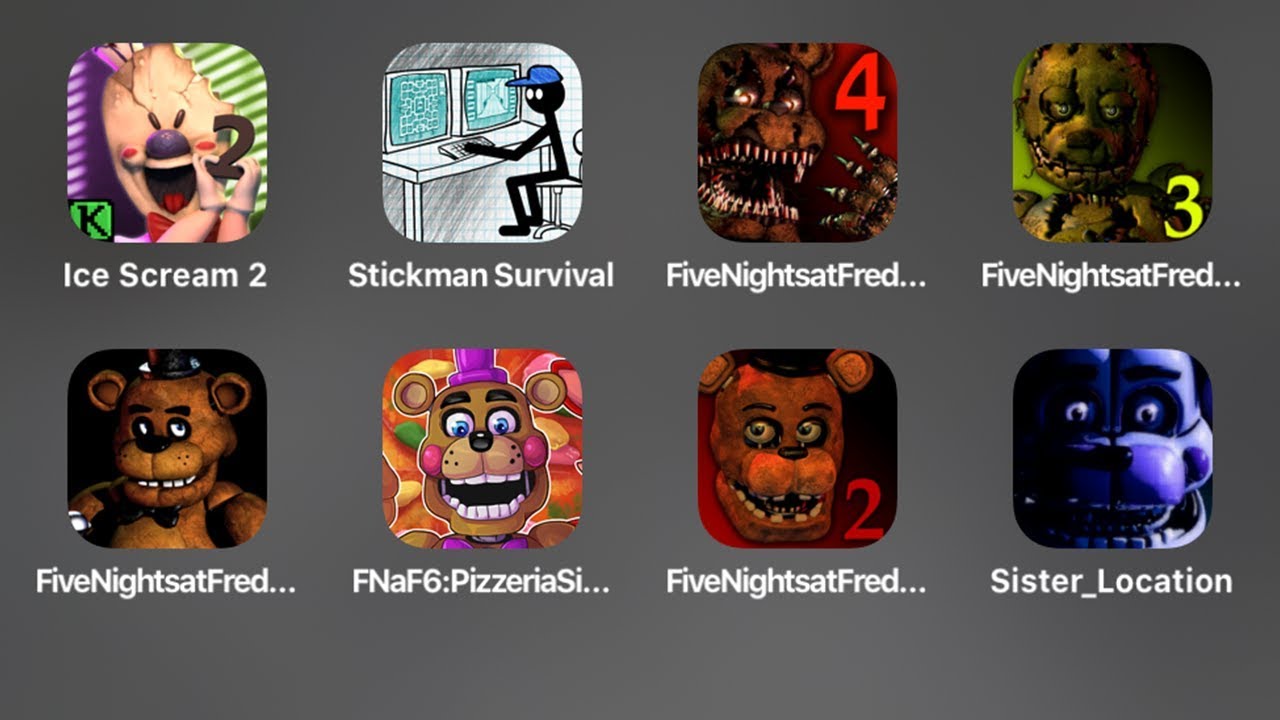FNaF 3,FNAF,Pizzeria Simulator,FNaF 6,Pizza,Ice Scream 2,Stickman Survival,Five Nights at Freddy's 4
