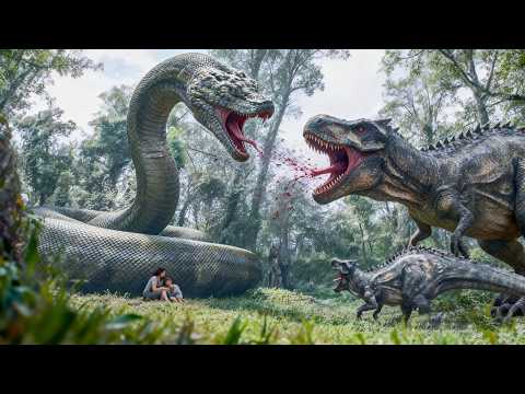 T-Rex ambushes mother and child, spirit snake strikes with tail, wounds it and drives it away.