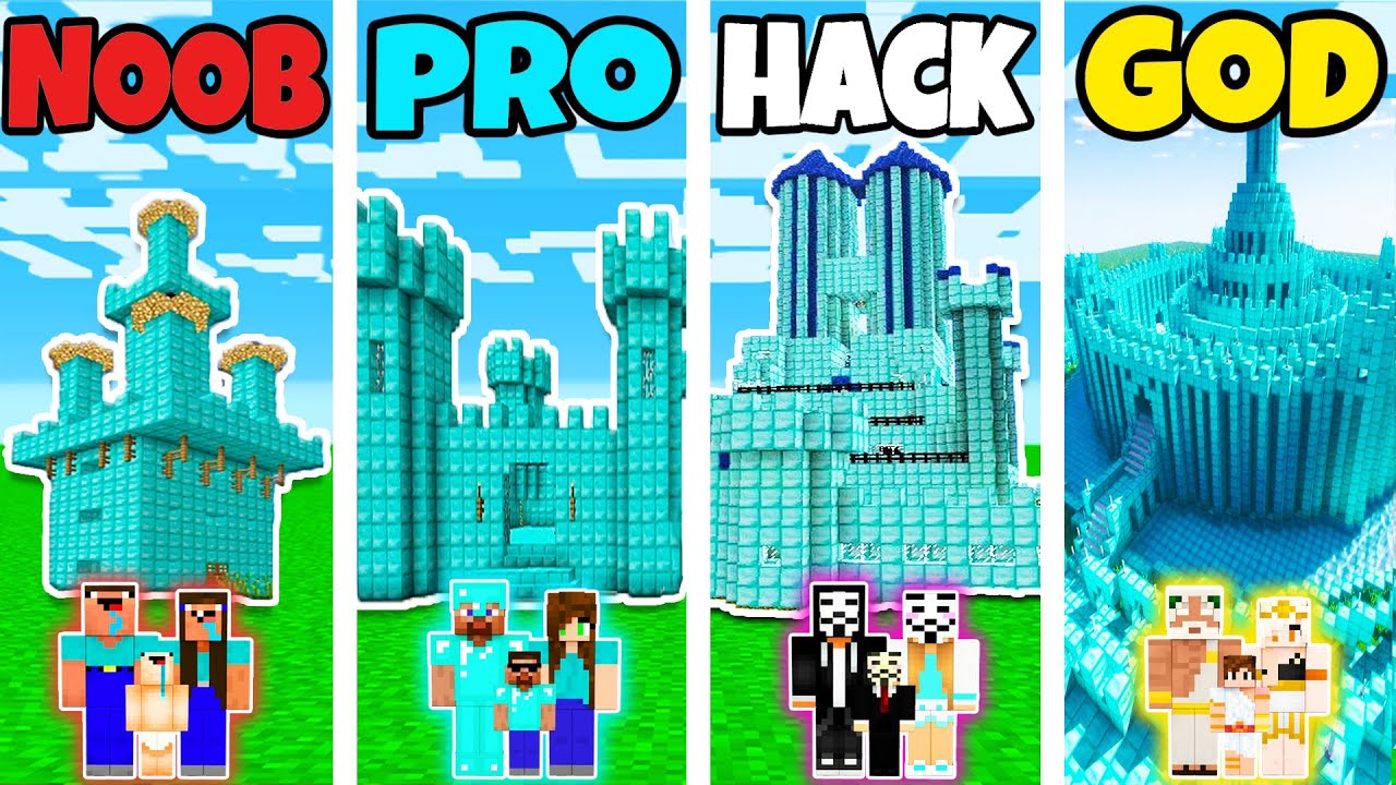 Minecraft: FAMILY DIAMOND CASTLE BUILD CHALLENGE - NOOB vs PRO vs HACKER vs GOD in Minecraft