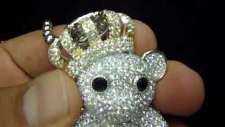 Iced Out Designer Teddy Bear Pendant with Crown Sterling SIlver Lab Diamond