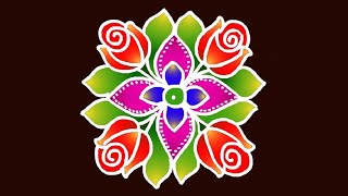 Simple Roses? Rangoli with 5*5 Dots || Easy Rangoli with Colours || Short