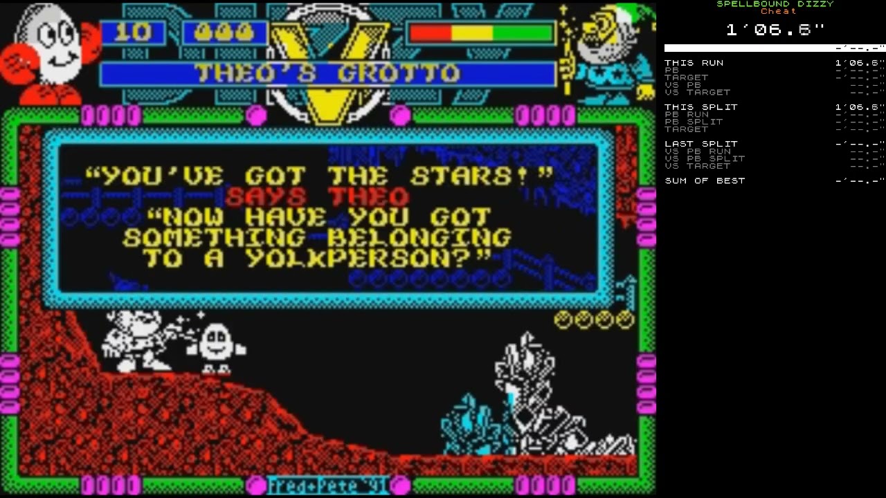 Spellbound Dizzy speedrun - Cheat (all yolkfolk) in 1'39.6"