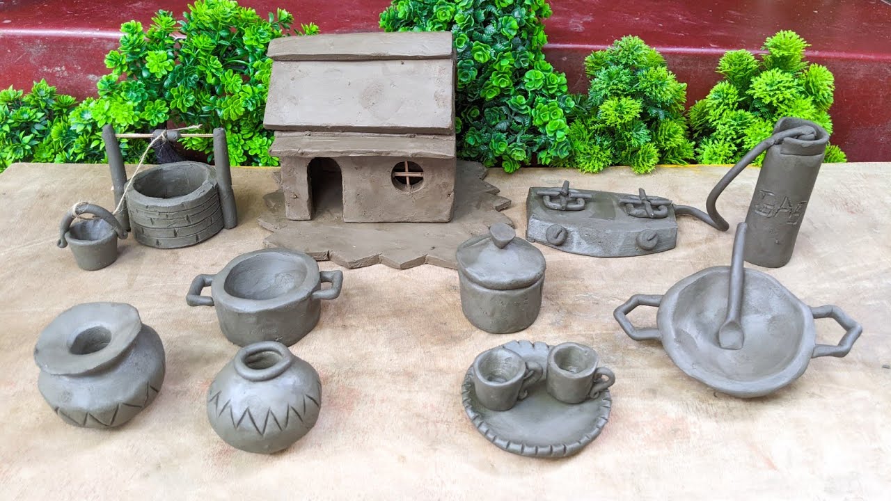 DIY How to make polymer clay miniature house, water wells,gass oven ...