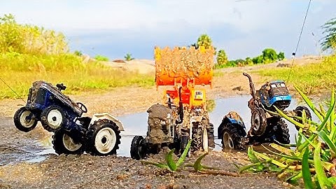 jcb center of way stuck in deep mud pulling out three tractors | farmtrac , sonalika , eicher..,