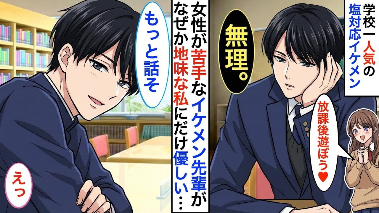 学校一の塩対応イケメンに懐かれました!  地味メガネの私が、なぜか図書室で「氷の王子」と秘密の関係に…【恋愛漫画】【胸キュン】【恋愛アニメ】